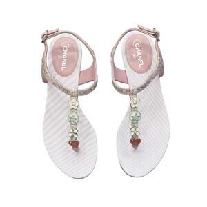 CHANEL Charms Pink Metallic Tweed CC Ankle T-Strap Thong Flat Sandals 37.5